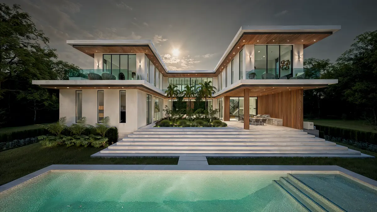 Rendering of Casa Arborēa in Miami Shores at dusk: two-story modern residence with wood soffits, planted terraces and a pool court